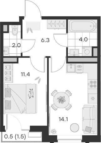Планировка — Михалевич, 1-комн., 38 м²