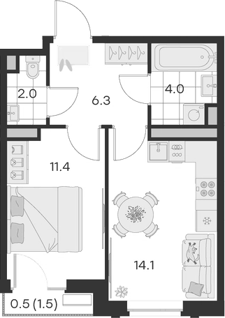 Планировка — Михалевич, 1-комн., 38 м²
