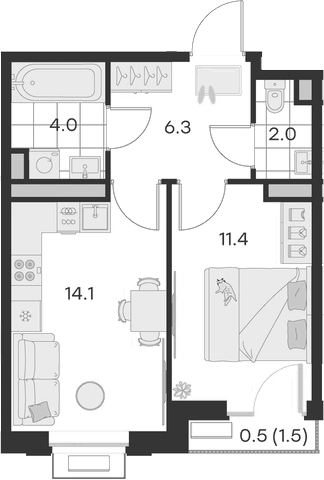 Планировка — Михалевич, 1-комн., 38 м²