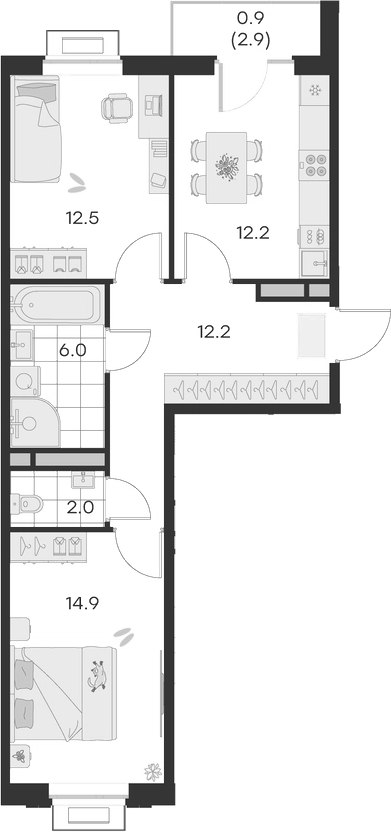 Планировка — Михалевич, 2-комн., 60 м²