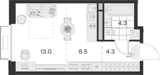 Планировка — Михалевич, Студия, 30 м²