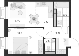 Планировка — Михалевич, 2-комн., 46 м²