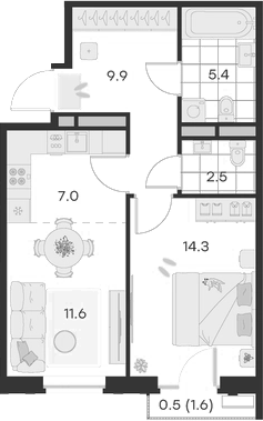 Планировка — Михалевич, 2-комн., 51 м²