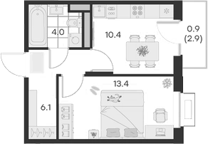 Планировка — Михалевич, 1-комн., 34 м²