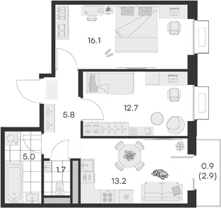 Планировка — Михалевич, 2-комн., 55 м²