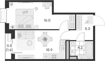 Планировка — Михалевич, 1-комн., 41 м²