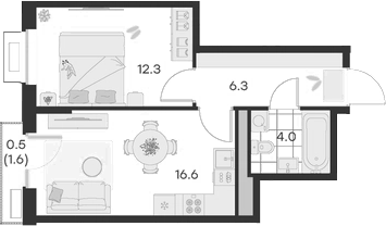 Планировка — Михалевич, 1-комн., 39 м²
