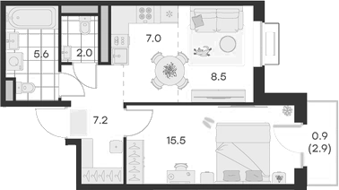 Планировка — Михалевич, 2-комн., 46 м²