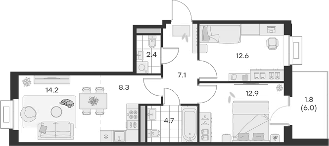 Планировка — Михалевич, 3-комн., 63 м²