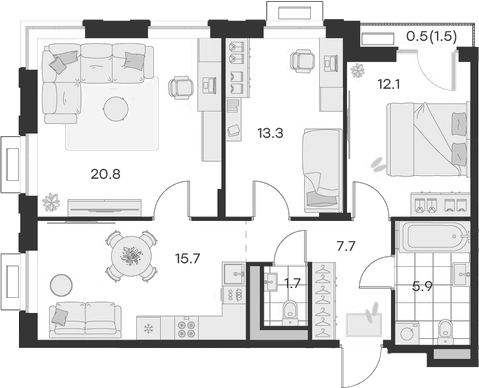 Планировка — Михалевич, 3-комн., 77 м²