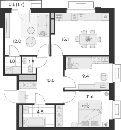 Планировка — Михалевич, 3-комн., 66 м²