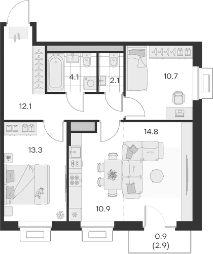 Планировка — Михалевич, 3-комн., 68 м²