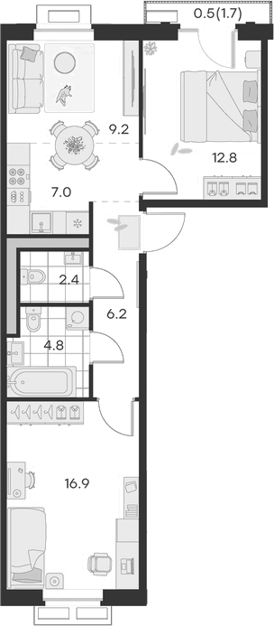 Планировка — Михалевич, 3-комн., 59 м²
