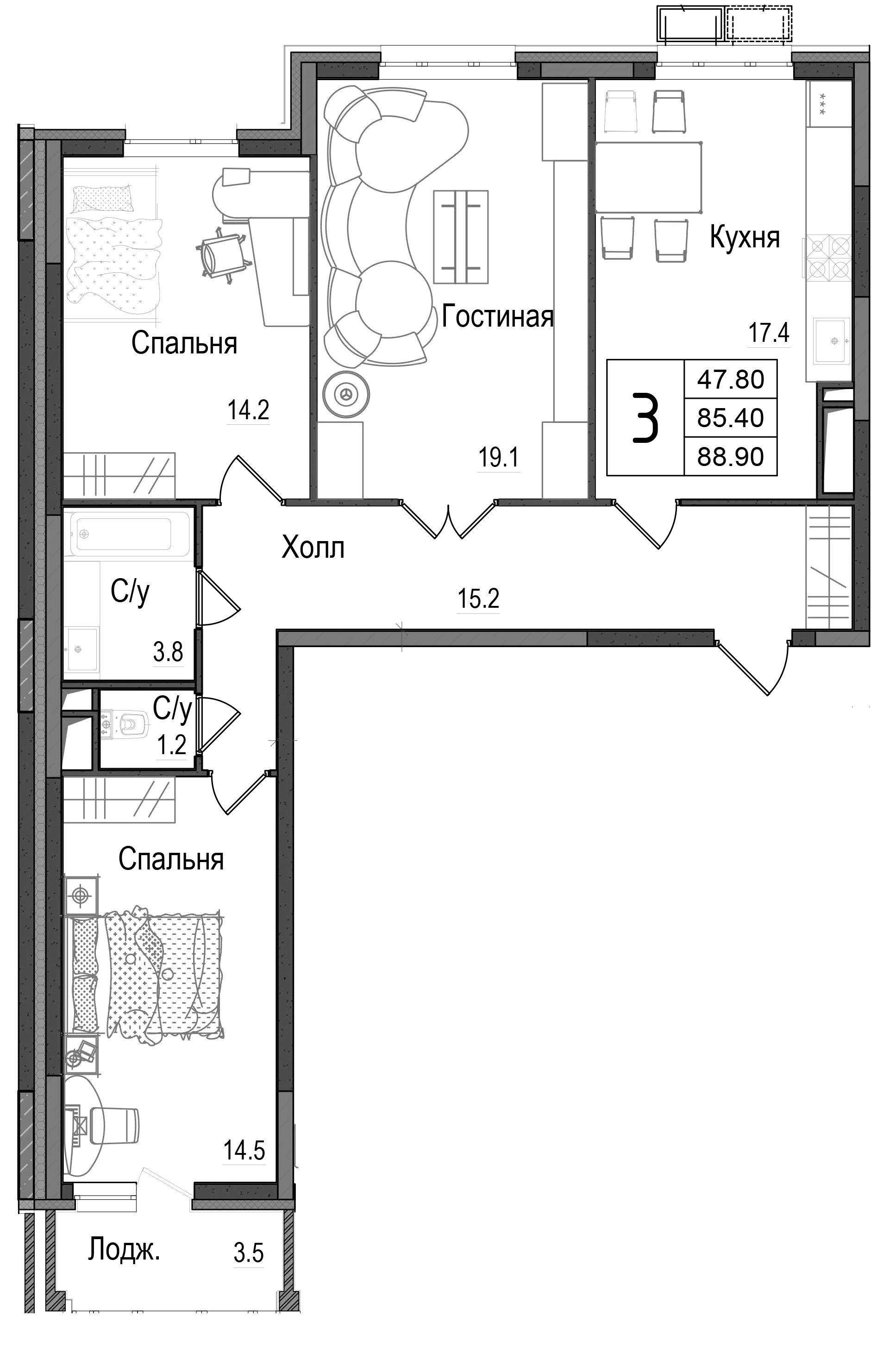 Планировка — Школьный, 3-комн., 85 м²