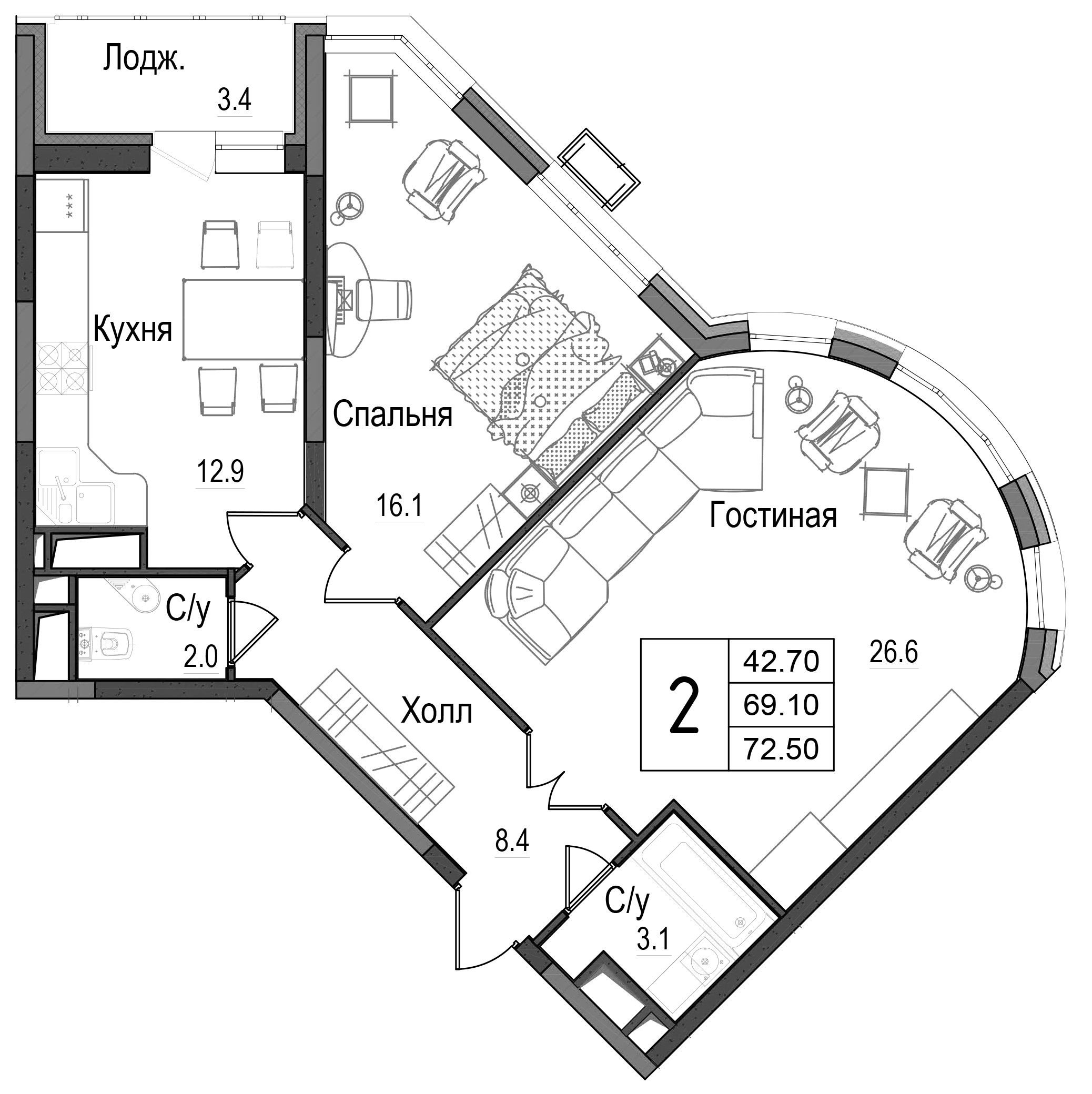 Планировка — Школьный, 2-комн., 70 м²