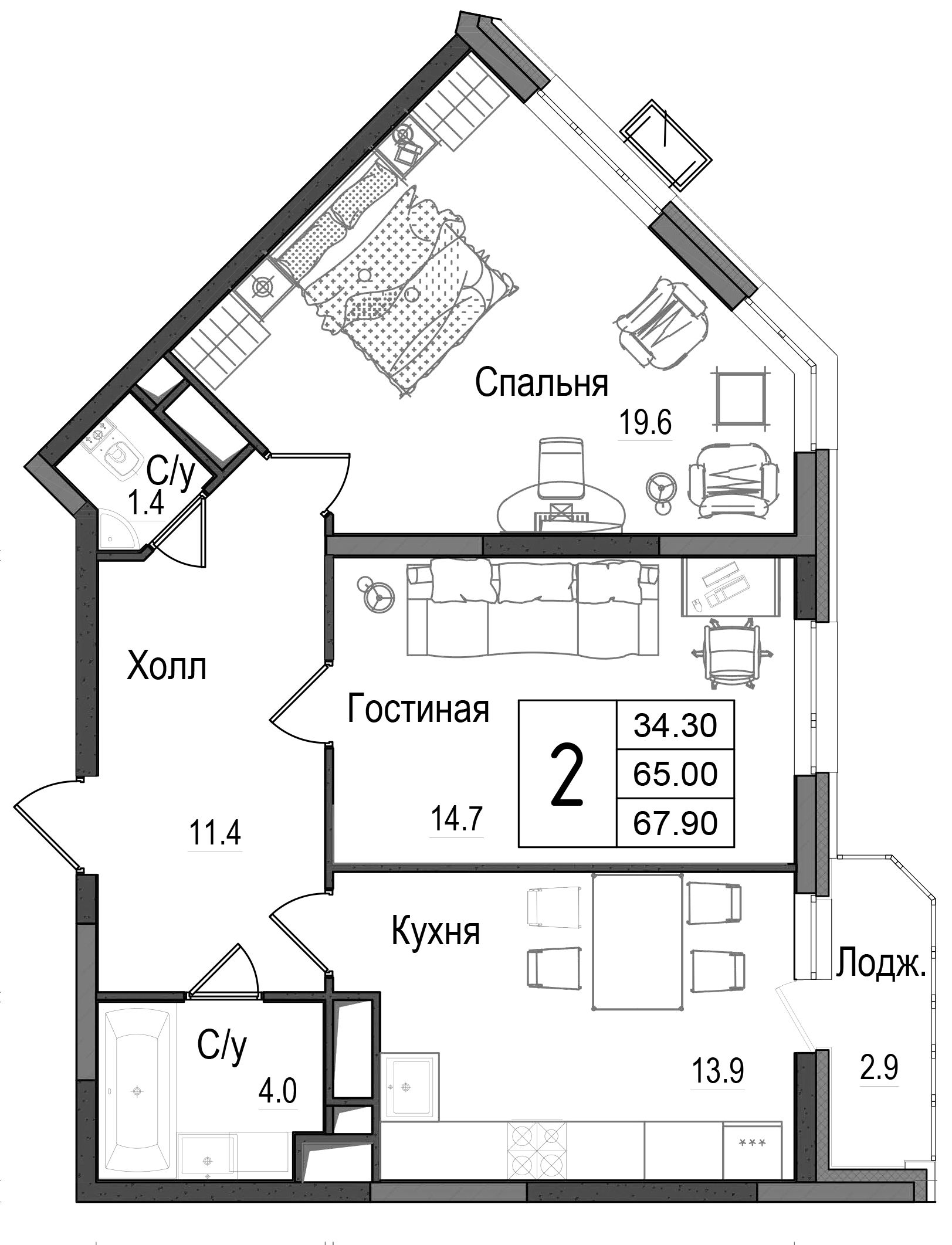 Планировка — Школьный, 2-комн., 66 м²