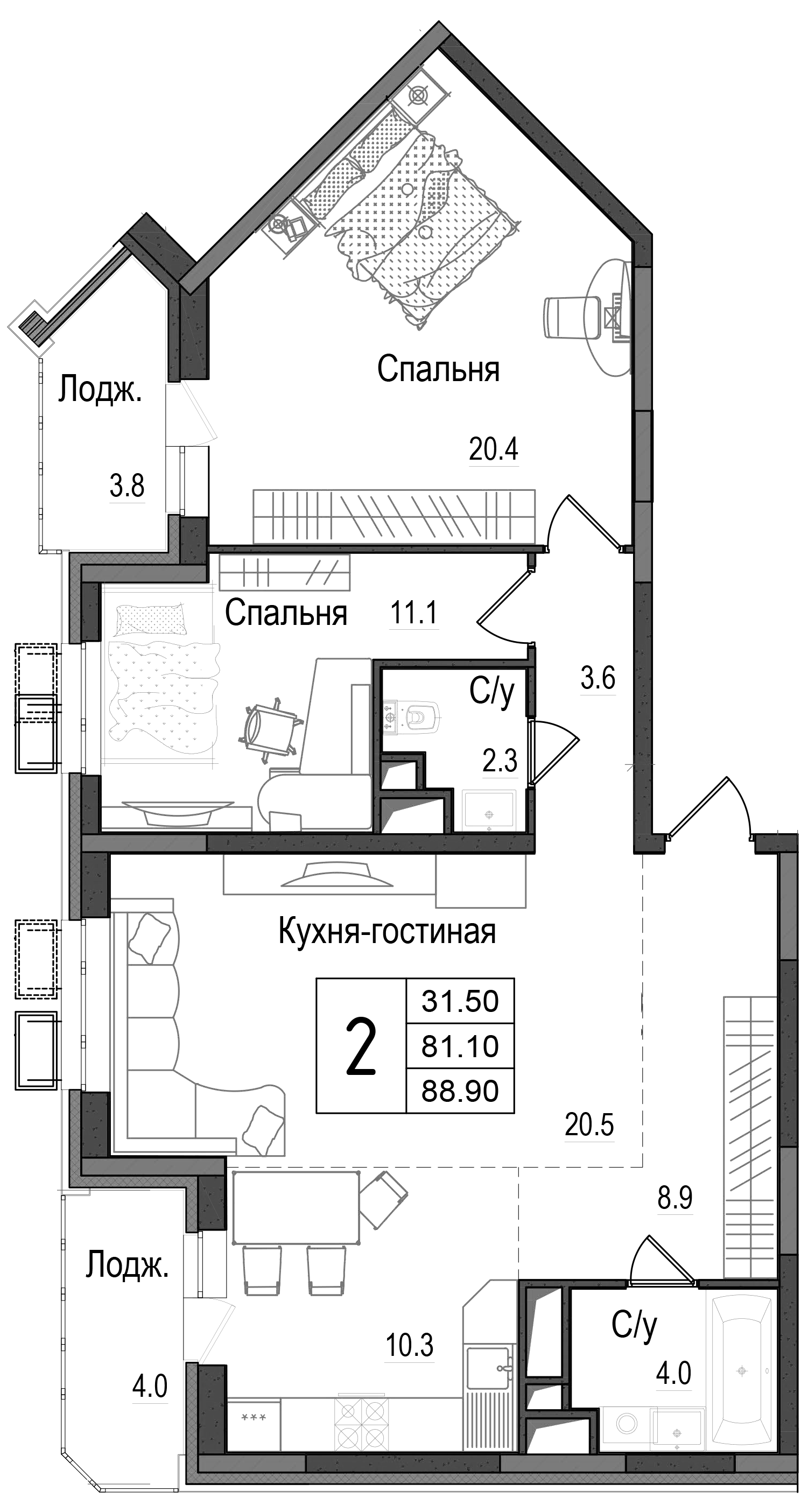 Планировка — Школьный, 3-комн., 82 м²