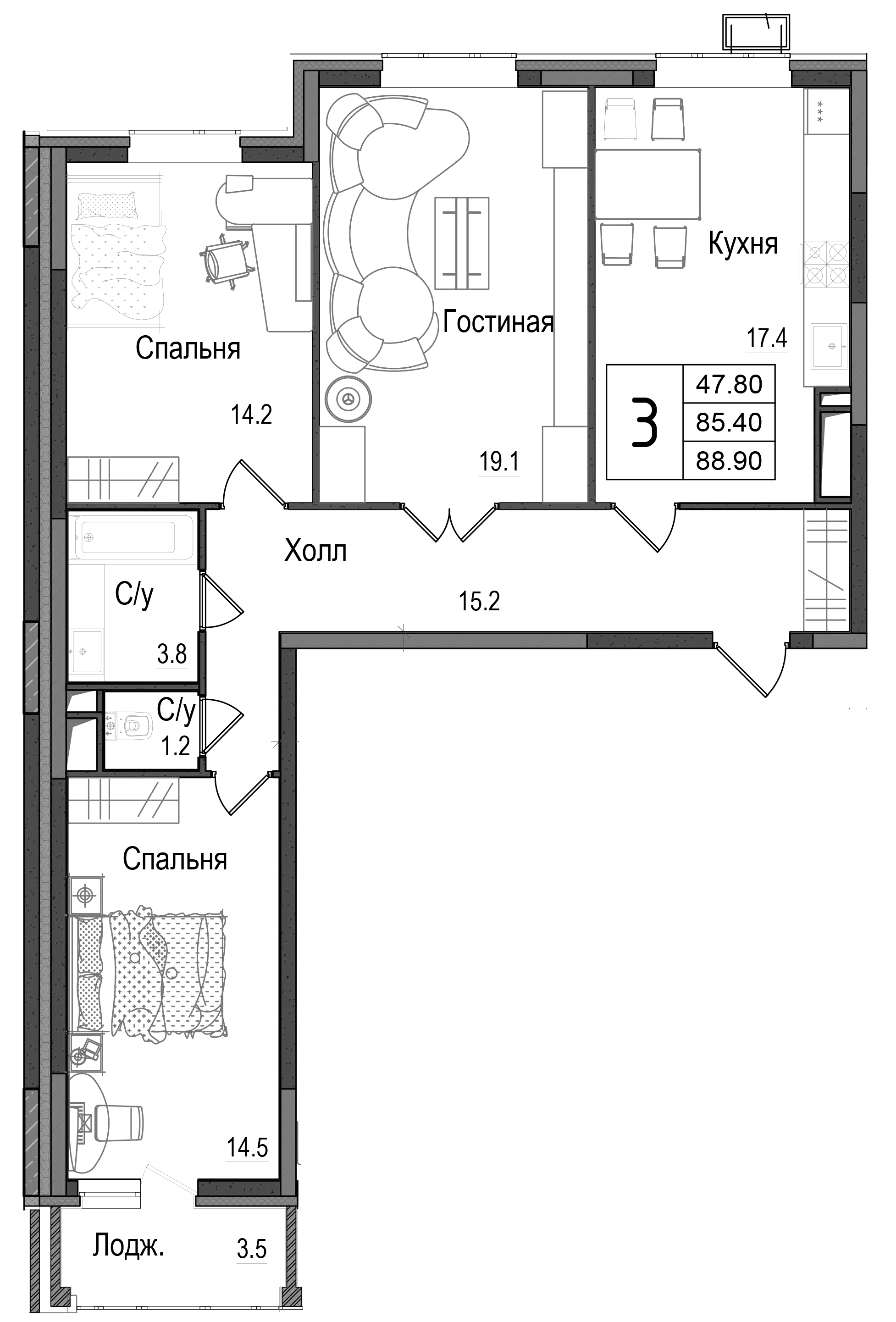 Планировка — Школьный, 3-комн., 85 м²