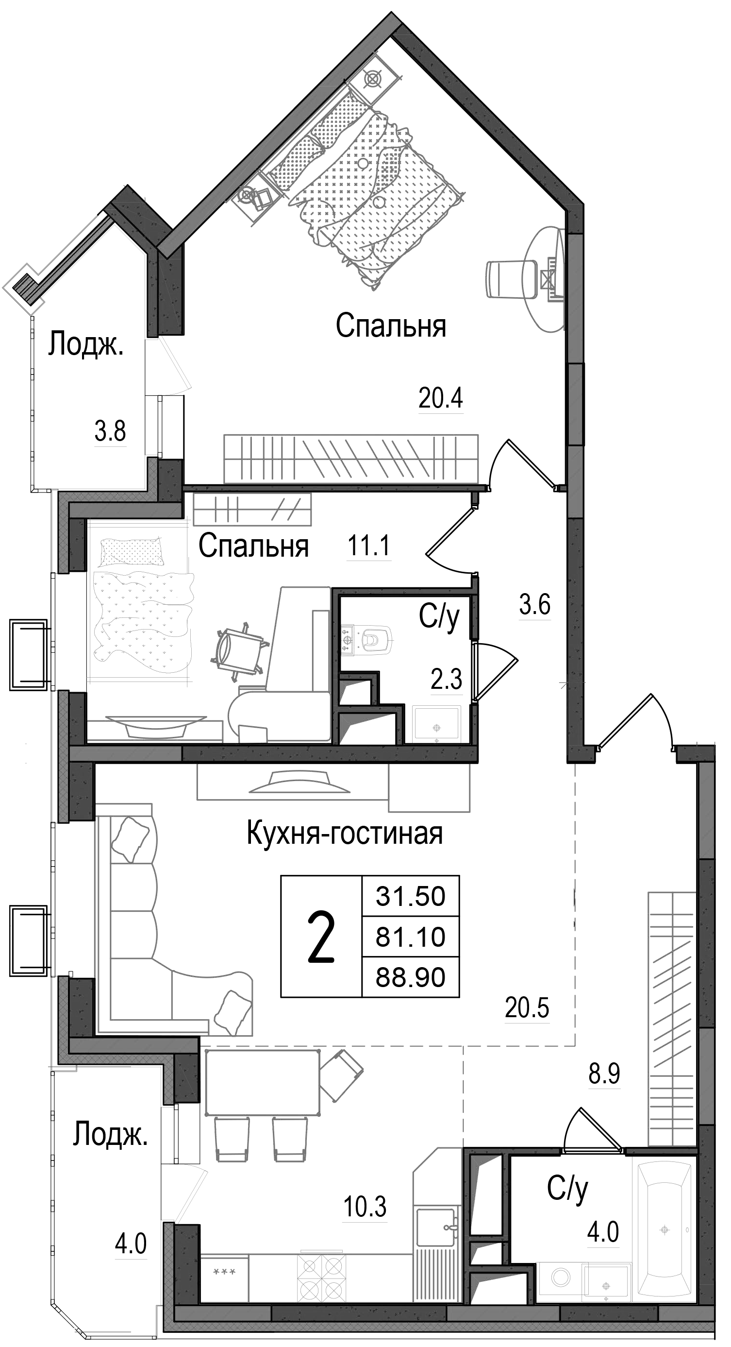 Планировка — Школьный, 3-комн., 82 м²