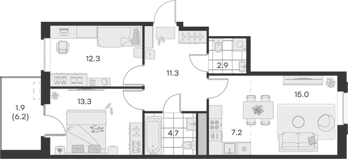 Планировка — Михалевич, 3-комн., 67 м²