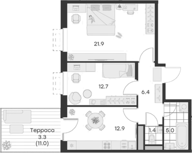 Планировка — Михалевич, 2-комн., 60 м²
