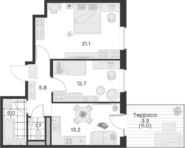 Планировка — Михалевич, 2-комн., 60 м²