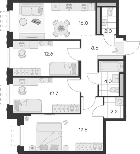 Планировка — Михалевич, 3-комн., 76 м²