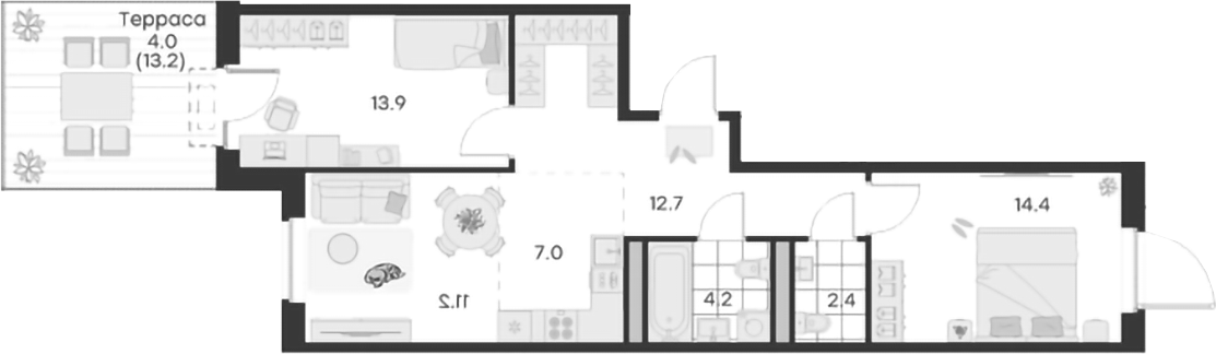 Планировка — Михалевич, 3-комн., 66 м²