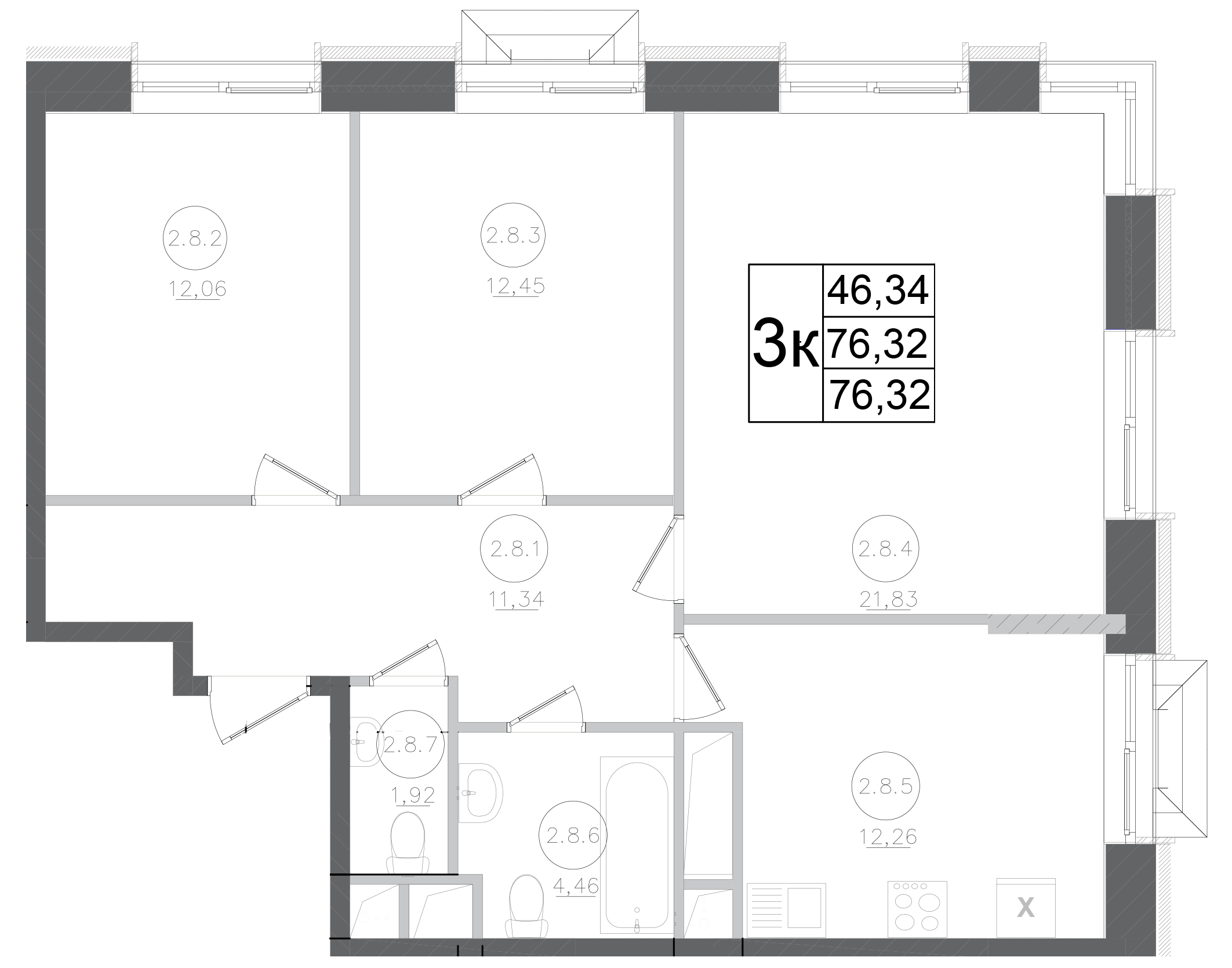 Планировка — Авиатор-2, 3-комн., 76 м²