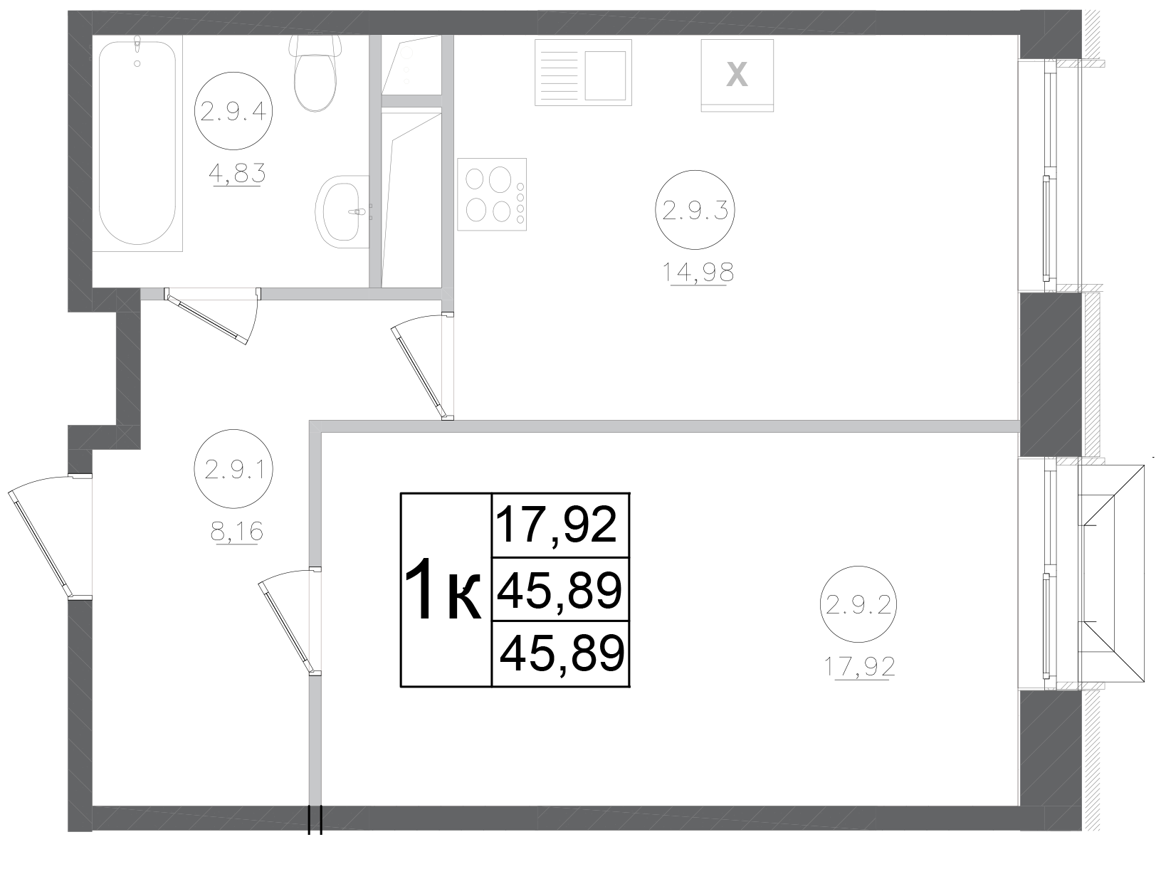 Планировка — Авиатор-2, 1-комн., 46 м²