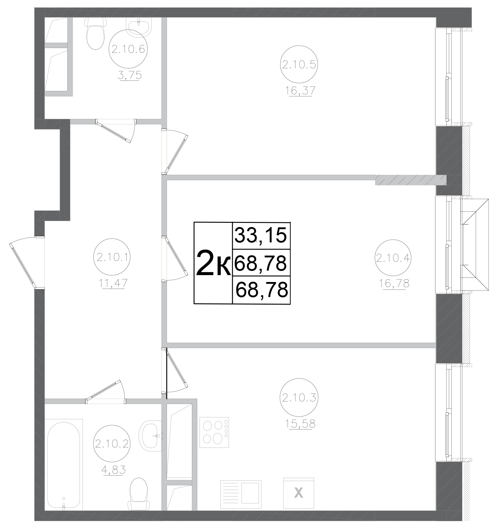 Планировка — Авиатор-2, 2-комн., 69 м²