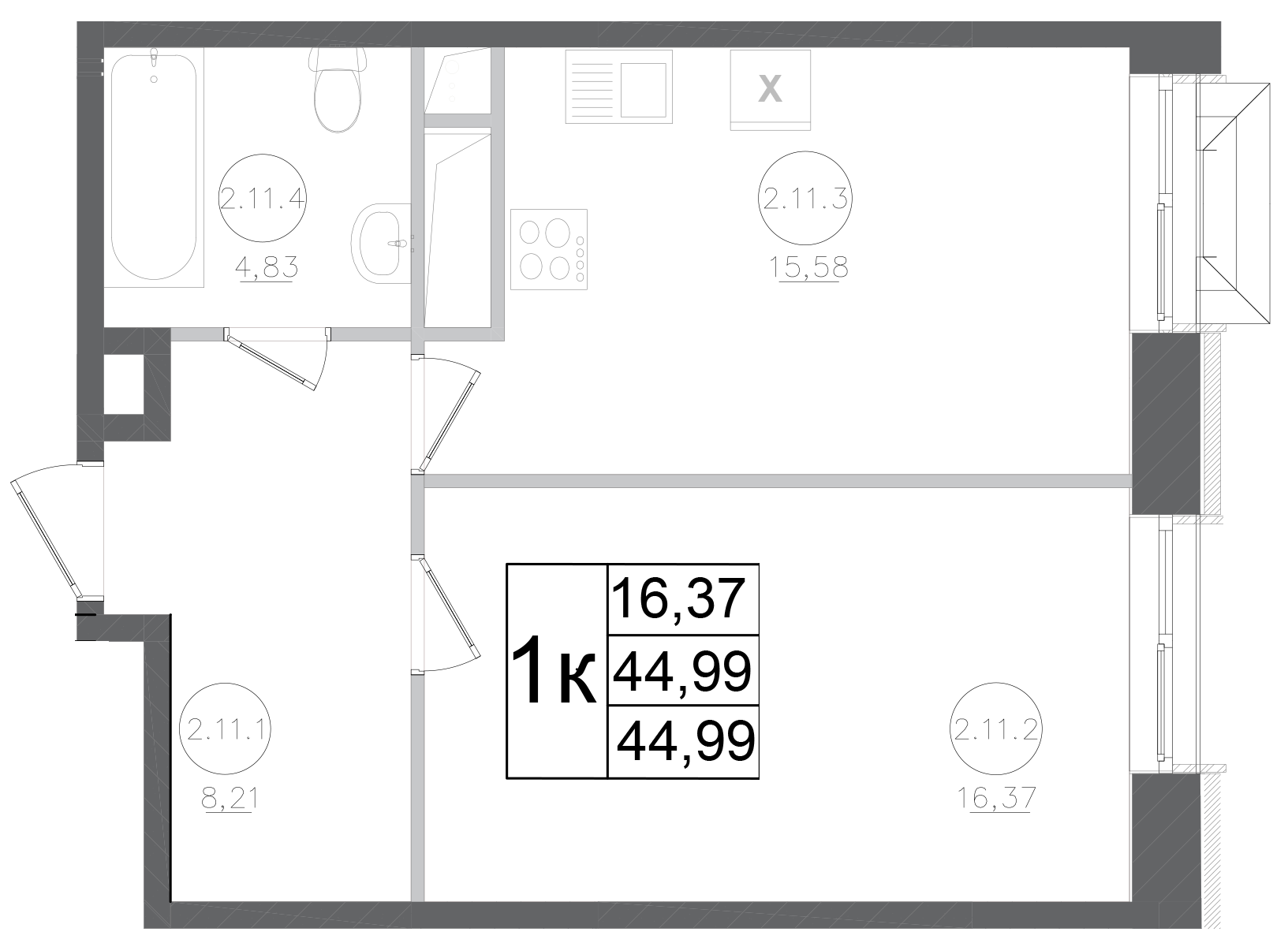 Планировка — Авиатор-2, 1-комн., 45 м²