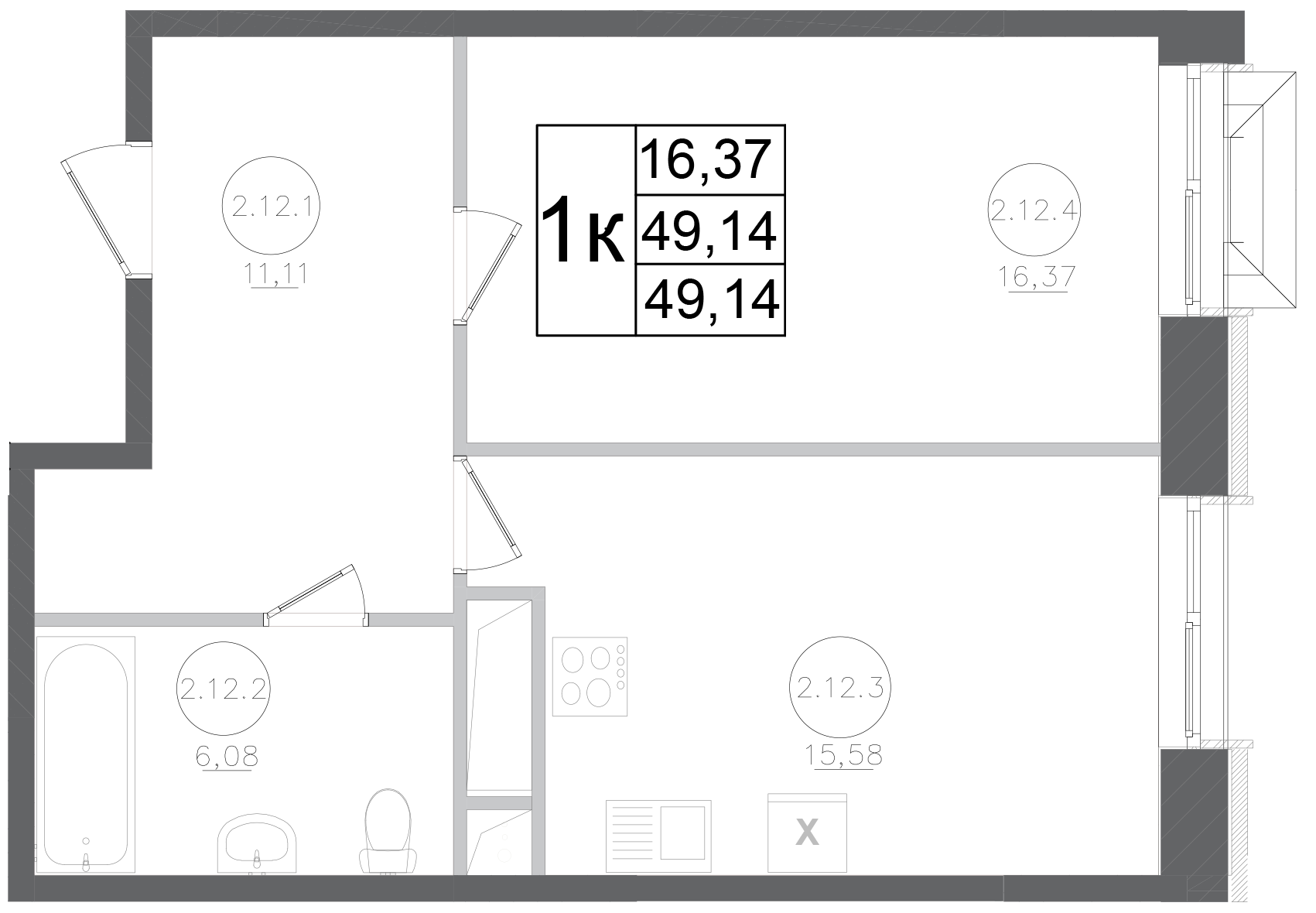 Планировка — Авиатор-2, 1-комн., 49 м²