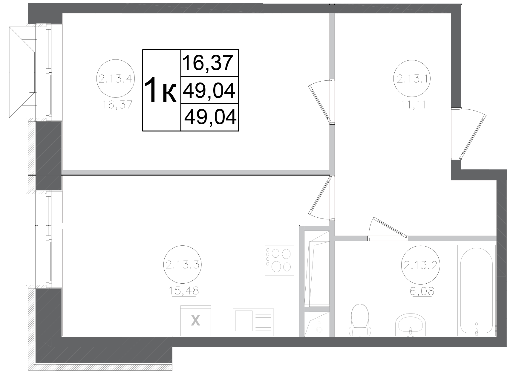 Планировка — Авиатор-2, 1-комн., 49 м²