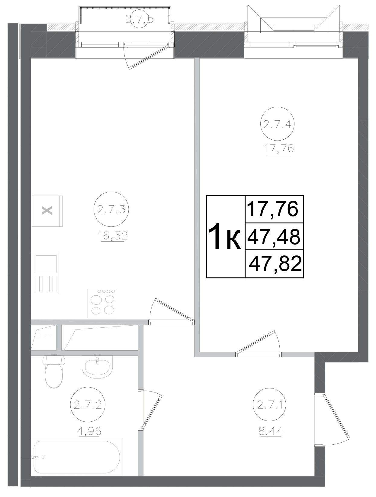 Планировка — Авиатор-2, 1-комн., 47 м²