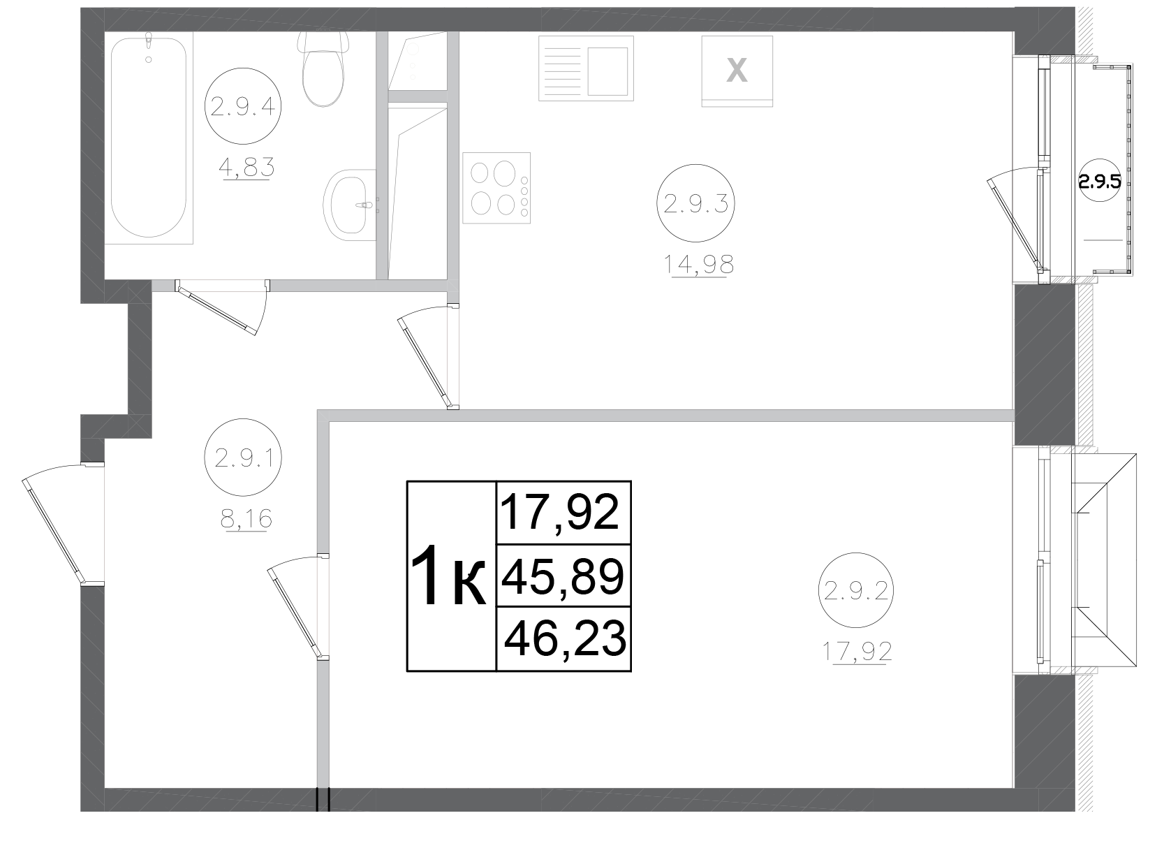 Планировка — Авиатор-2, 1-комн., 46 м²