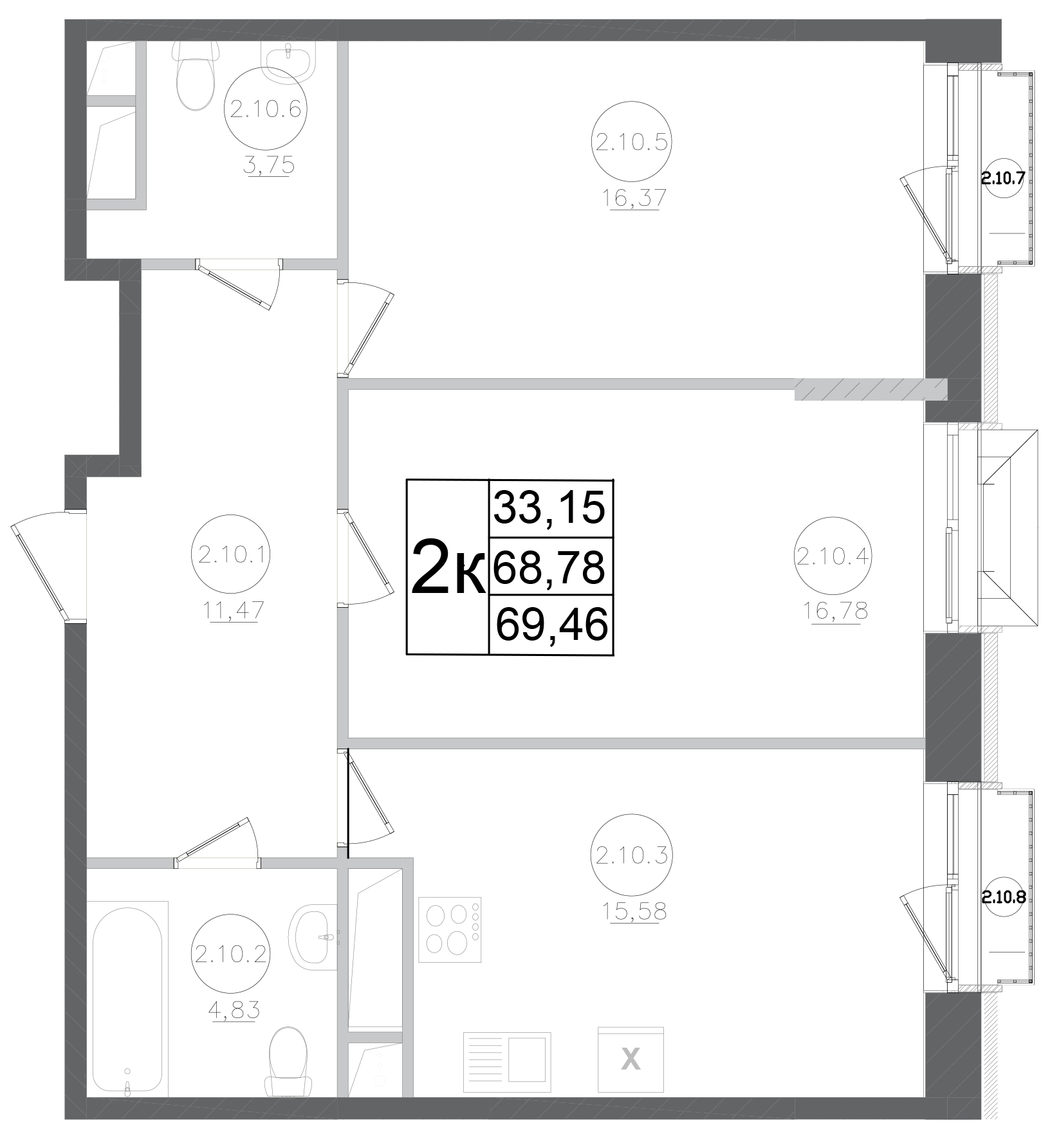 Планировка — Авиатор-2, 2-комн., 69 м²