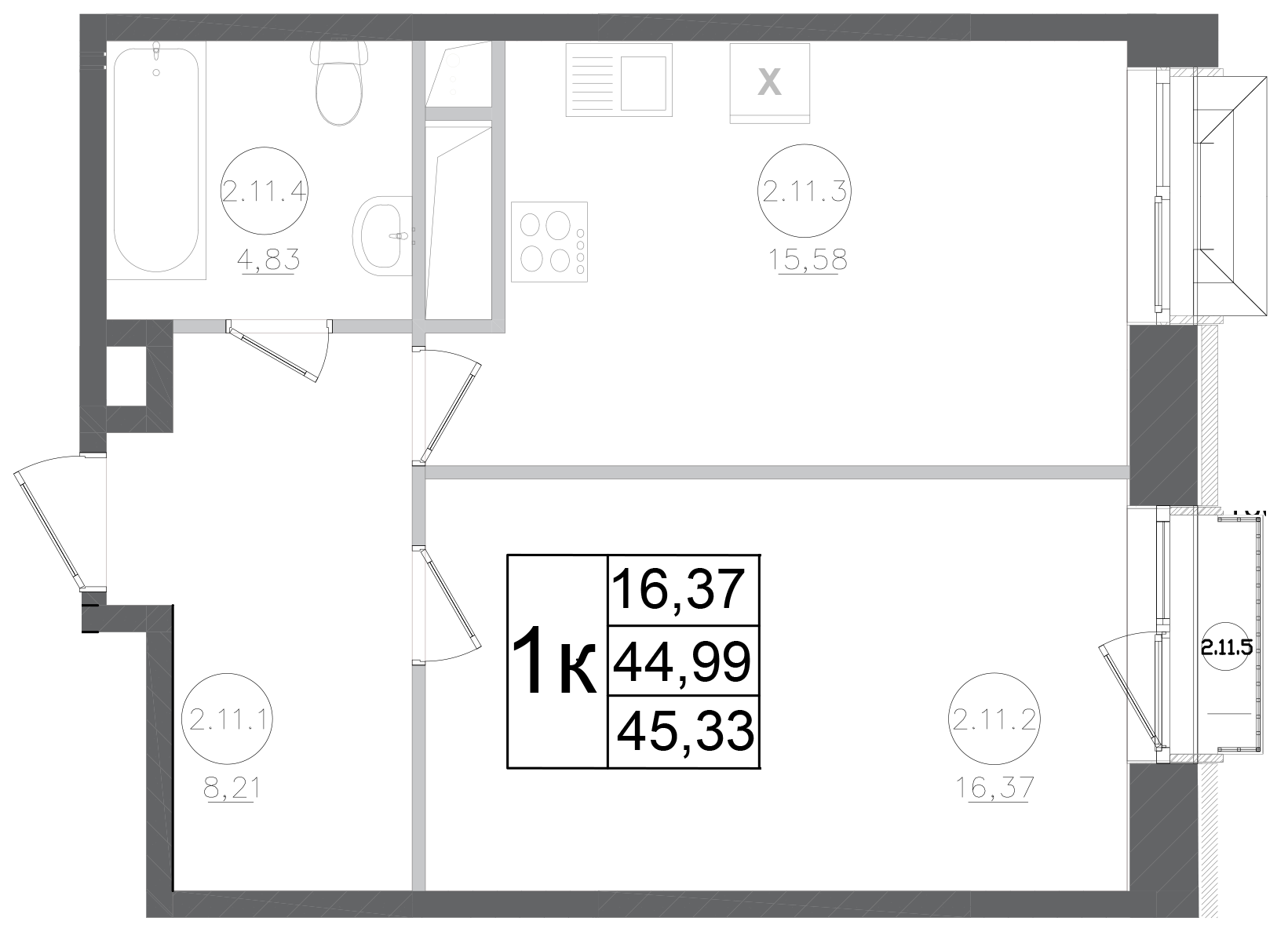 Планировка — Авиатор-2, 1-комн., 45 м²