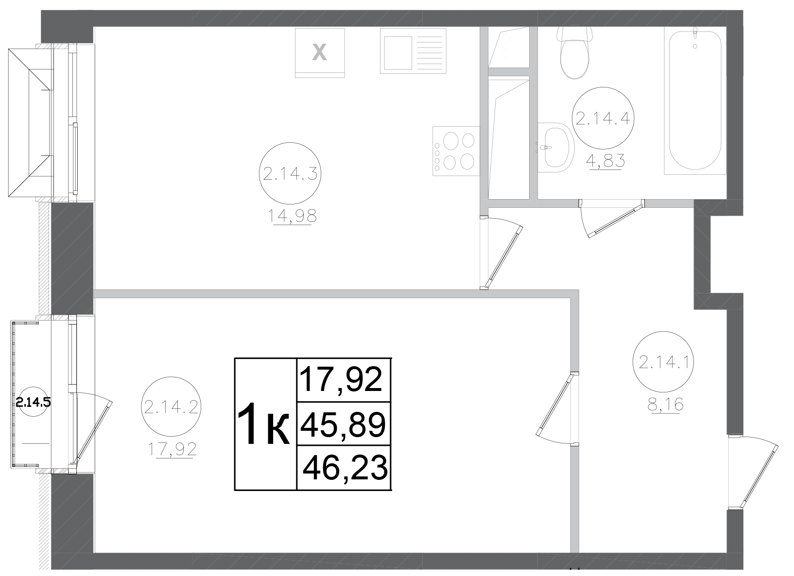 Планировка — Авиатор-2, 1-комн., 46 м²