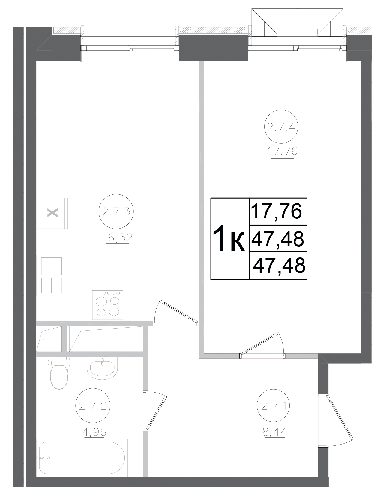 Планировка — Авиатор-2, 1-комн., 47 м²