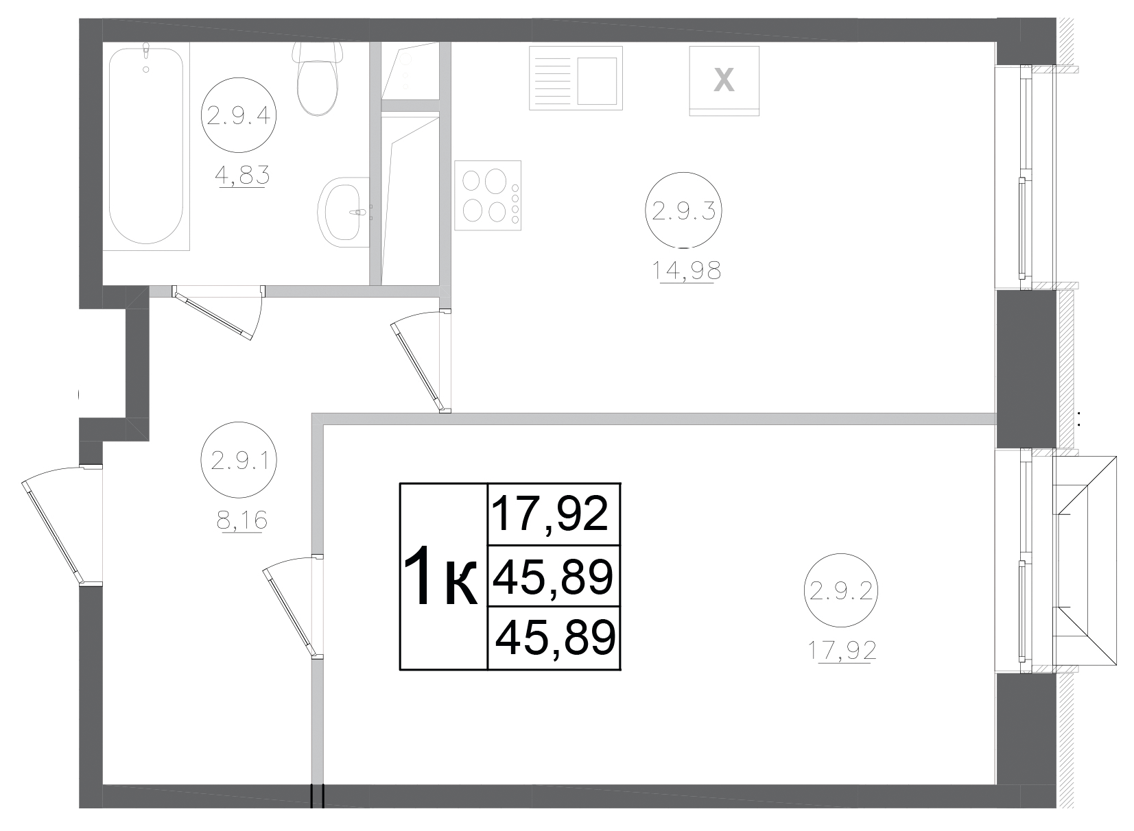 Планировка — Авиатор-2, 1-комн., 46 м²