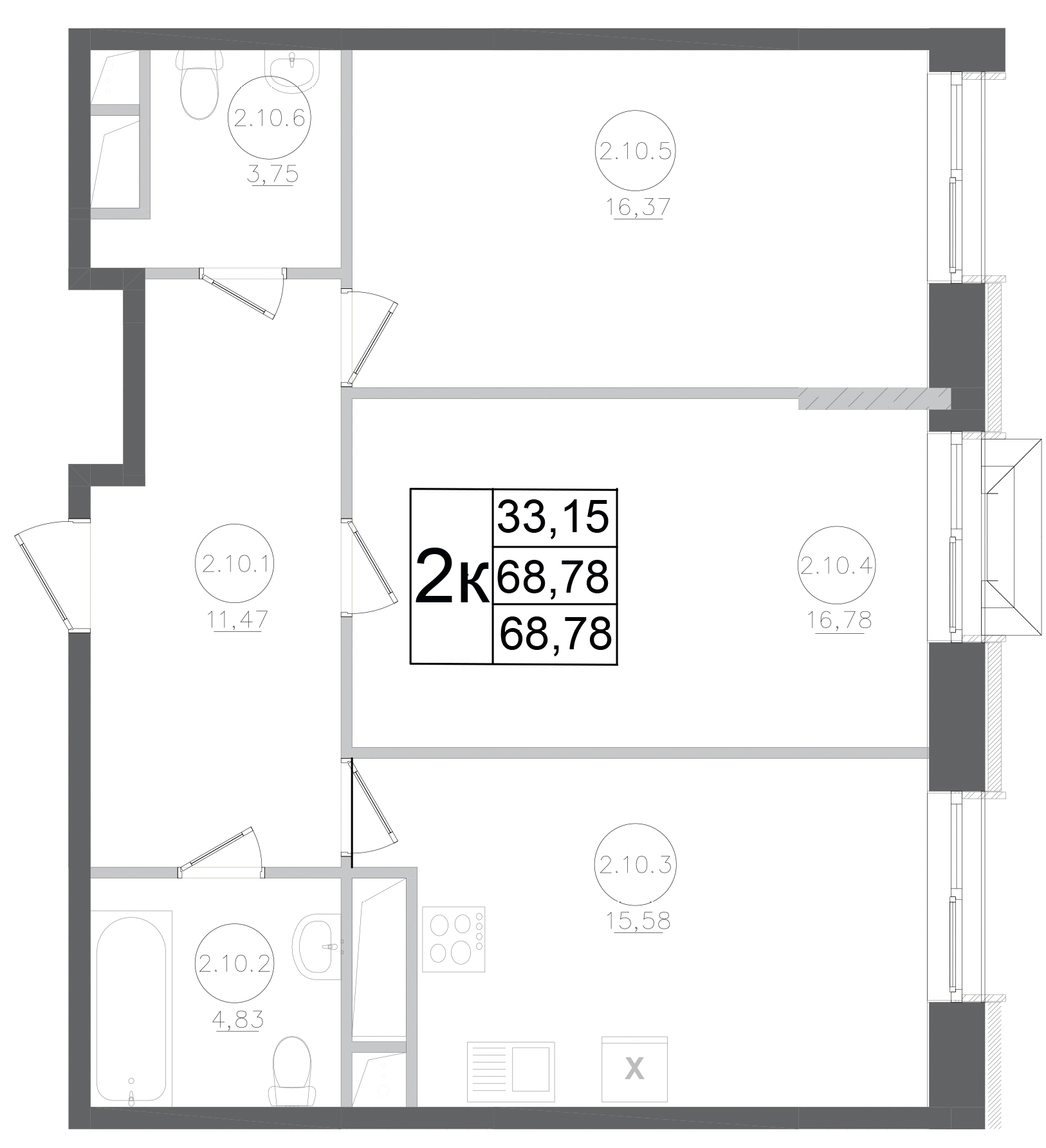 Планировка — Авиатор-2, 2-комн., 69 м²
