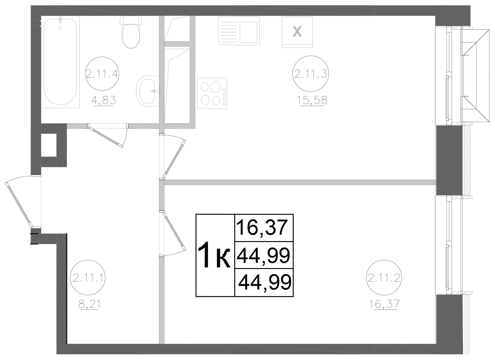 Планировка — Авиатор-2, 1-комн., 45 м²
