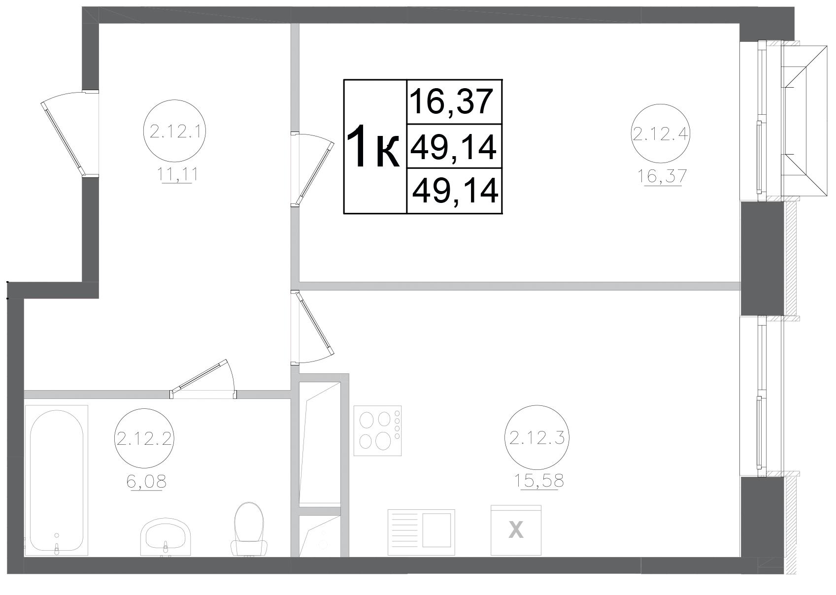Планировка — Авиатор-2, 1-комн., 49 м²