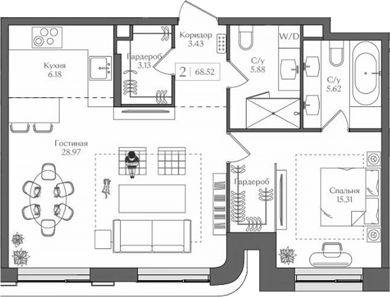 Планировка — Преображенская площадь, 2-комн., 69 м²
