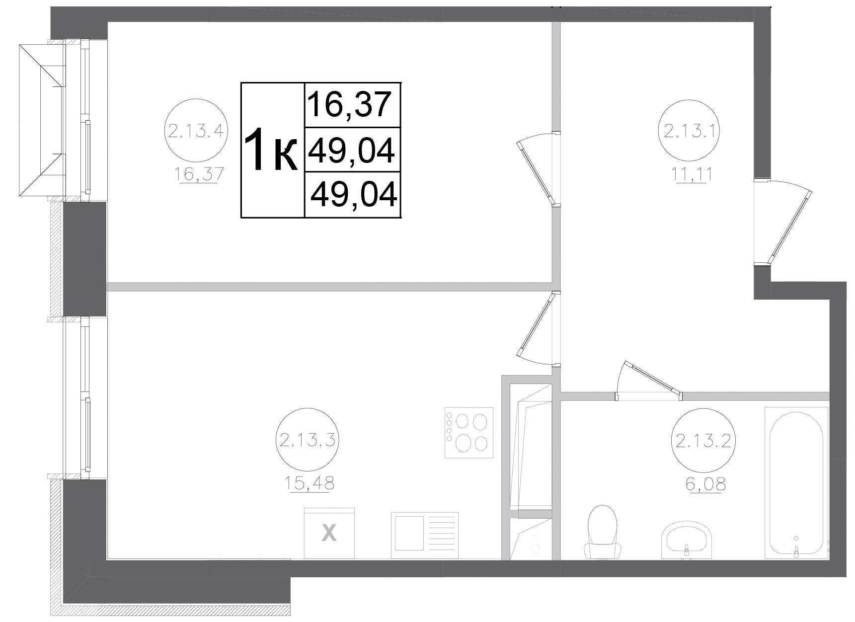 Планировка — Авиатор-2, 1-комн., 49 м²