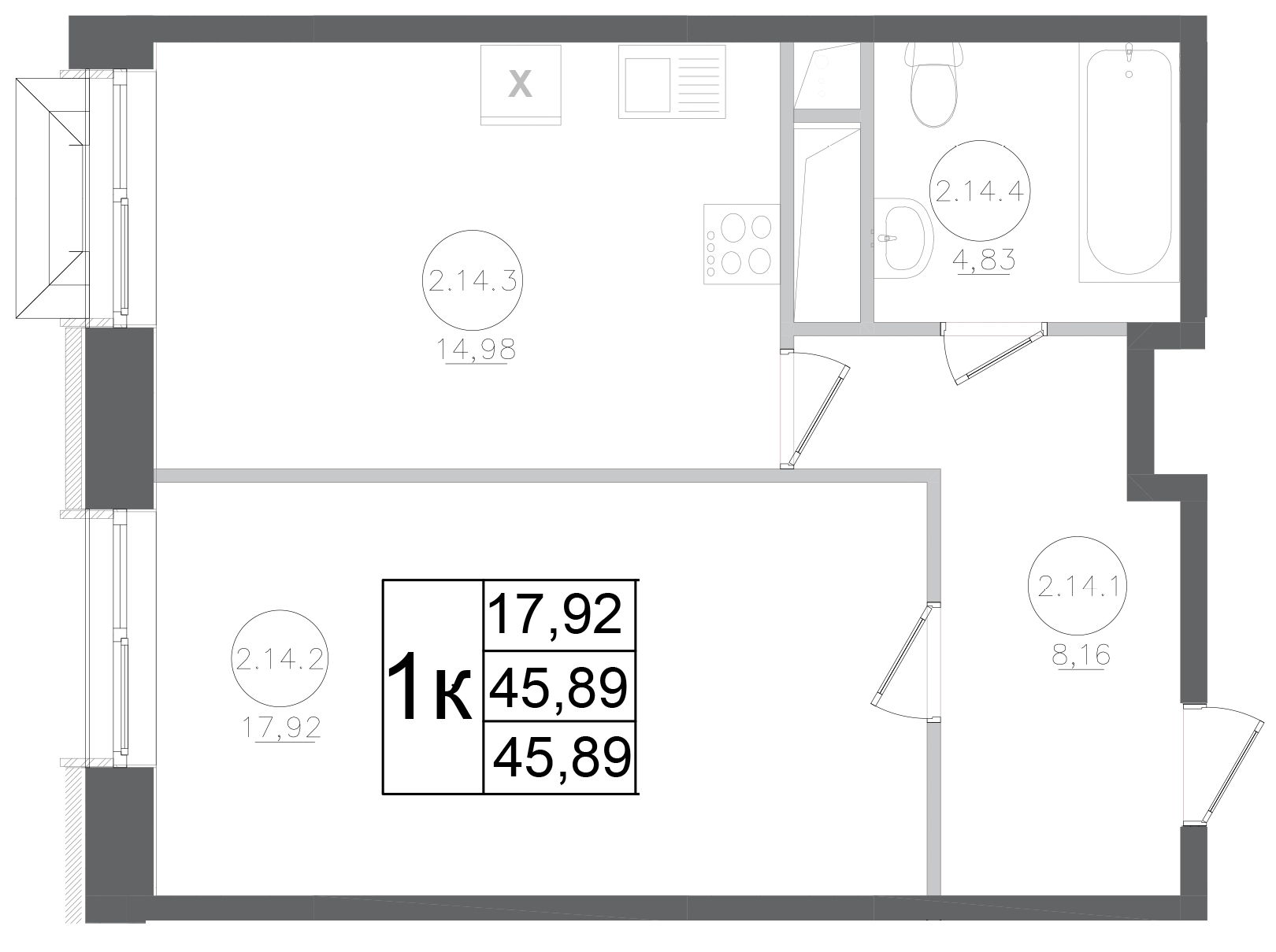 Планировка — Авиатор-2, 1-комн., 46 м²