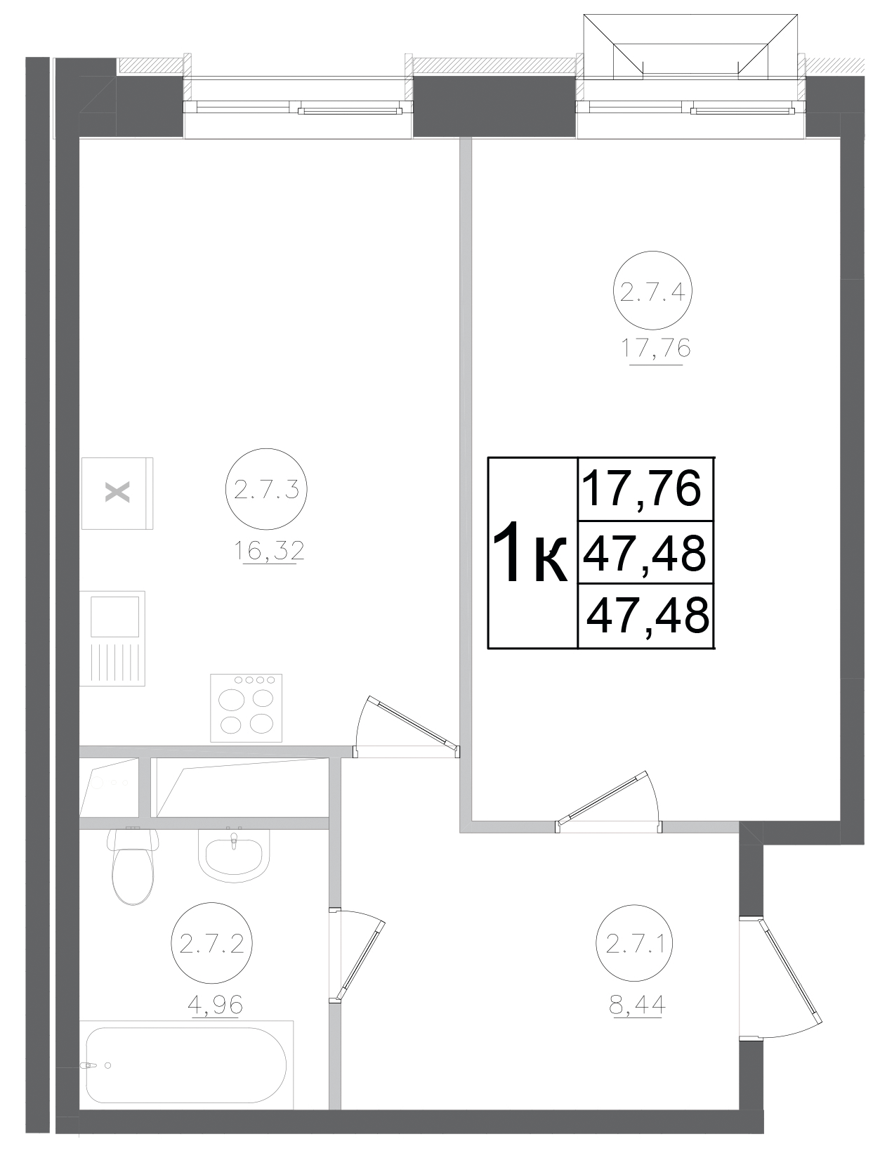 Планировка — Авиатор-2, 1-комн., 47 м²