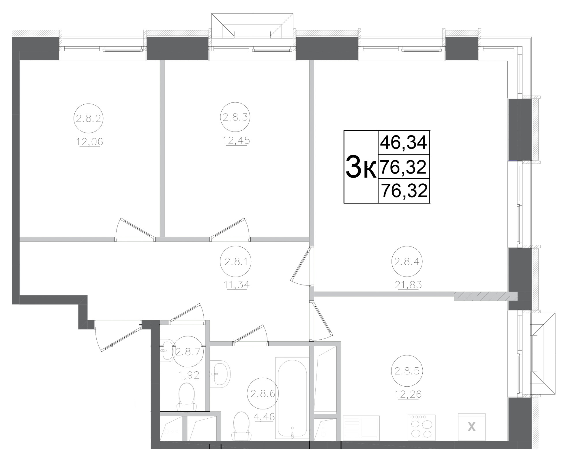 Планировка — Авиатор-2, 3-комн., 76 м²