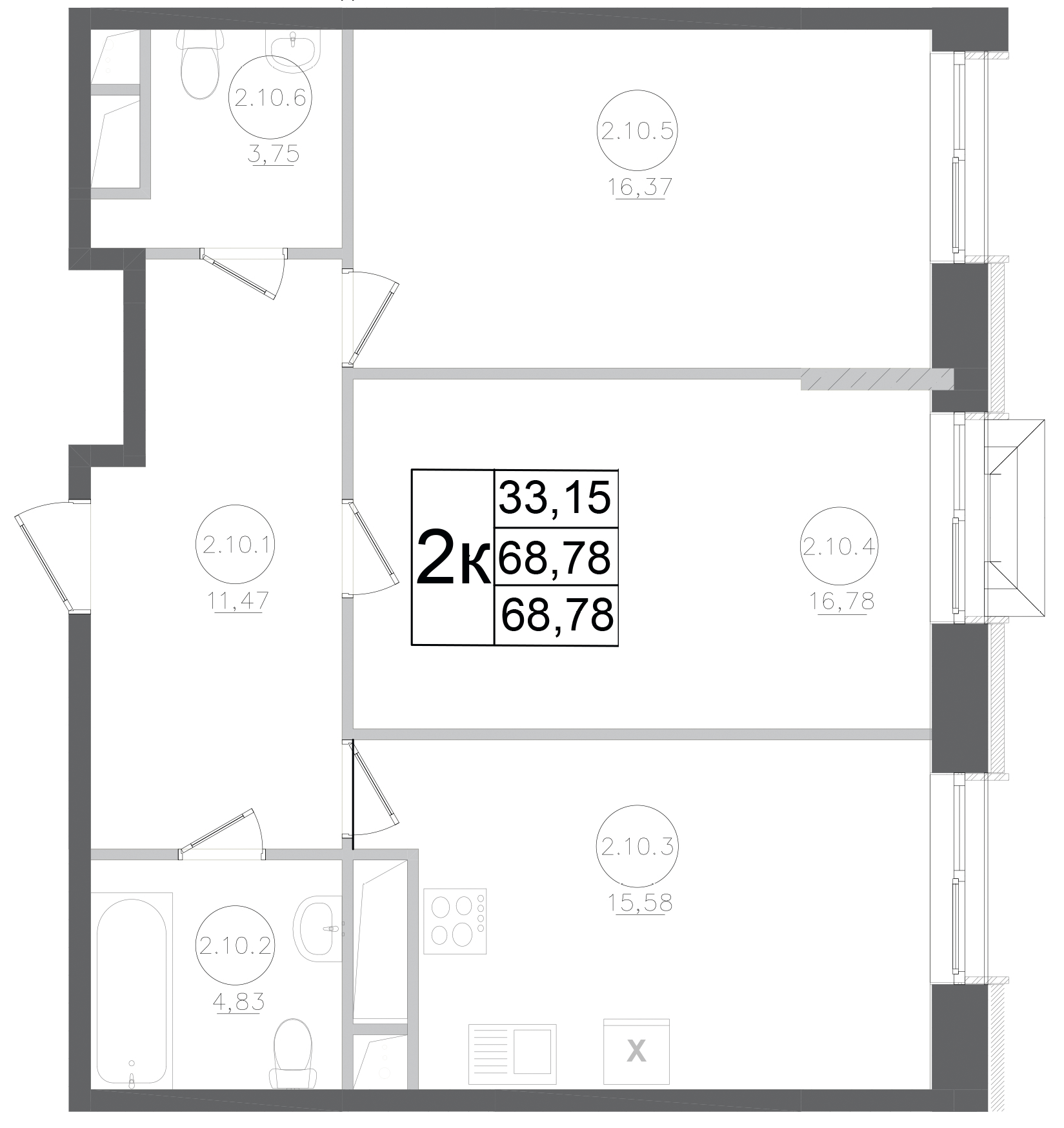 Планировка — Авиатор-2, 2-комн., 69 м²